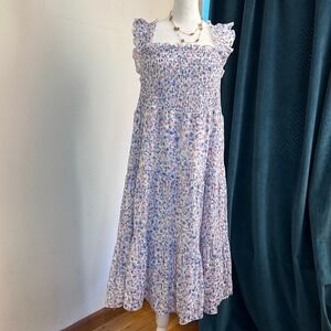 Nanette Lepore Smocked Midi Dress Floral Print Square Neck Ruffle Sleeves 14